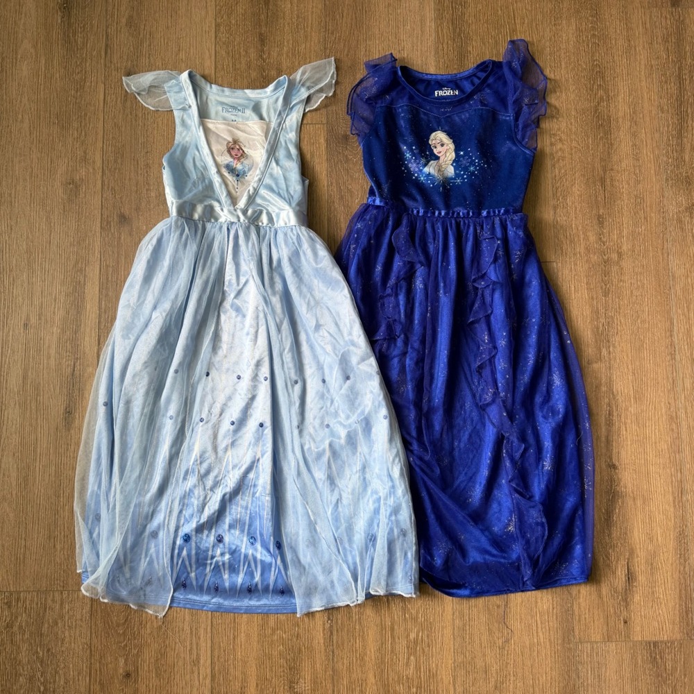 Disney Frozen Elsa Nightgowns Girls Medium 8 Blue Flutter Sleeve Dresses Lot
